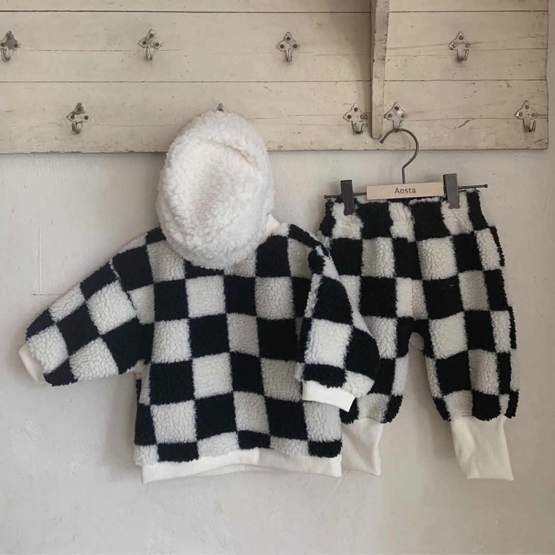 Black Chequer Fleece Pullover Joggers Set