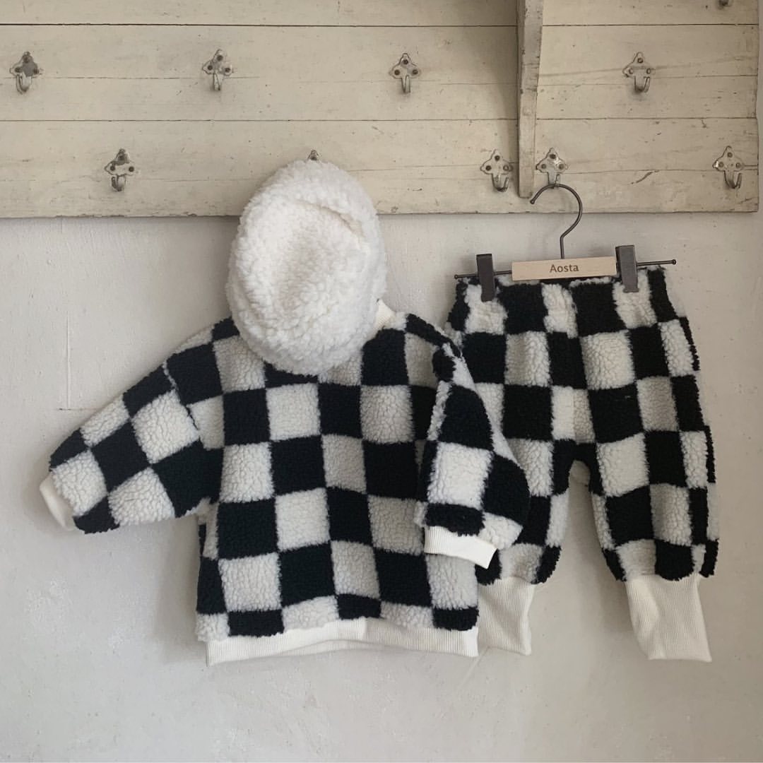 Black Chequer Fleece Pullover Joggers Set
